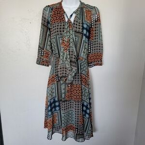 Kut from the Kloth 2 Patchwork Midi Dress Quarter Sleeve Black Orange Blue